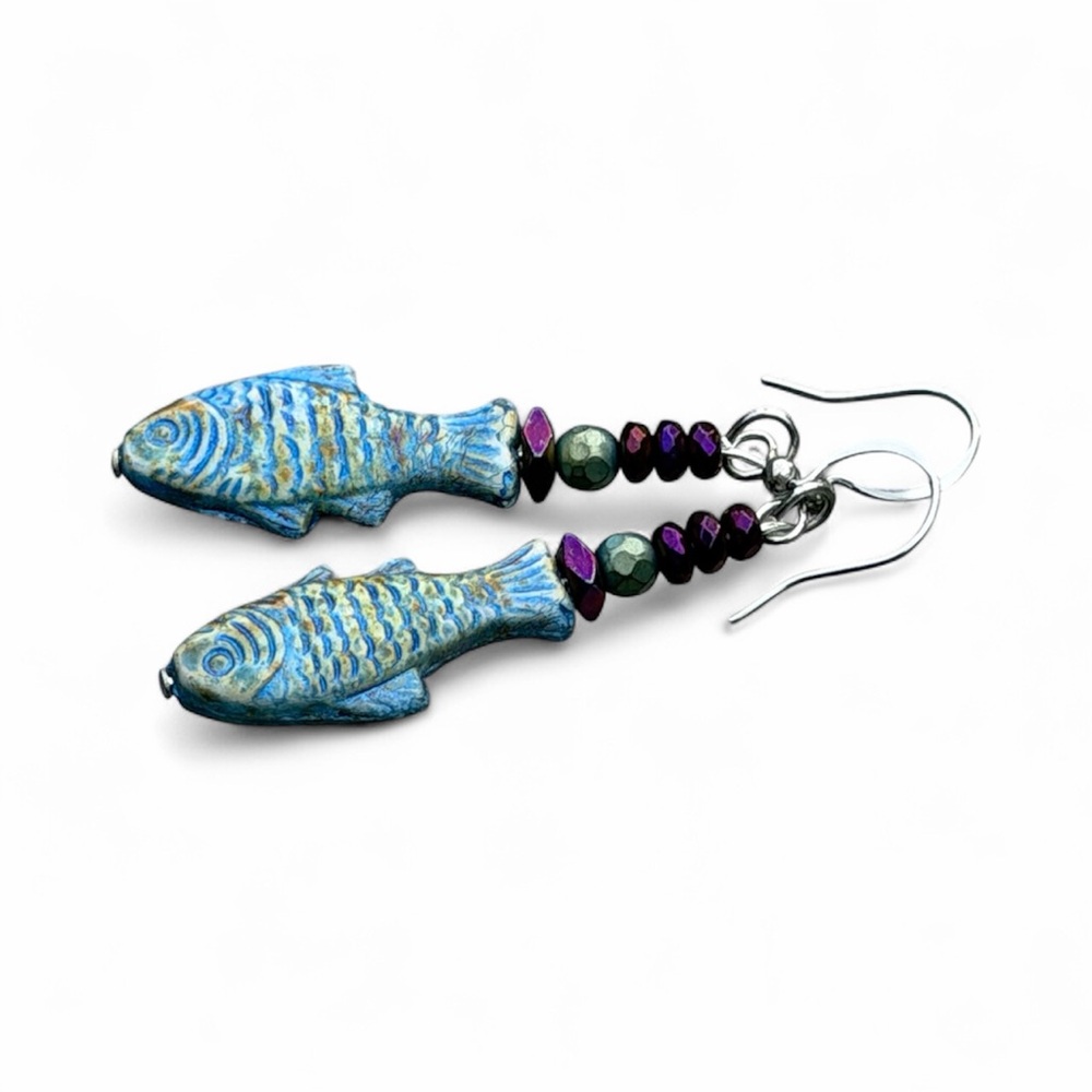 Handcrafted Blue Fish Dangle Earrings - Picture 7 of 7